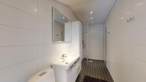 a bathroom with a toilet and a sink and a mirror at Sandy Kelt - Irish House Apartments in Kalajoki