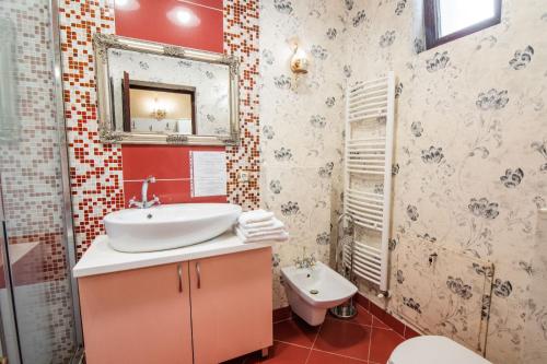 a bathroom with a sink and a toilet and a mirror at Apartament La Teatru Boudoir in Oradea