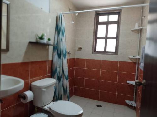 uma casa de banho com um WC, um lavatório e um chuveiro em Cabaña en Ayotla Zacatlán Pue em Zacatlán