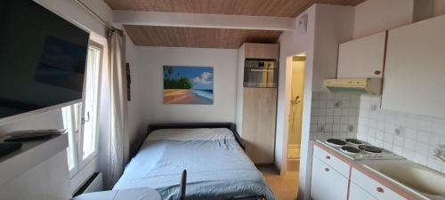 Kleines Zimmer mit einem Bett und einem Waschbecken in der Unterkunft Rue du Vieux Chateau - Beau F2 in Menton