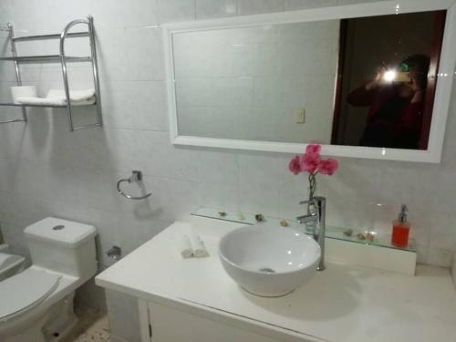 uma casa de banho com um lavatório e um vaso com uma flor rosa em Casa Emmanuel em Guanajuato