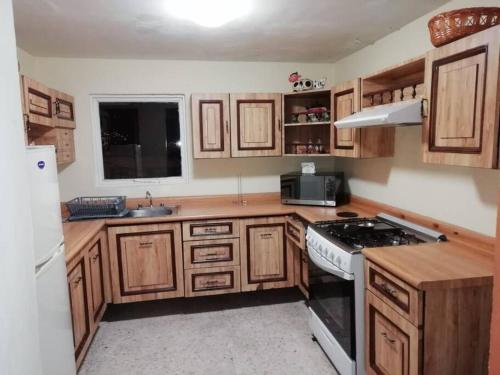 uma cozinha com armários de madeira e um forno com placa de fogão em Casa Emmanuel em Guanajuato