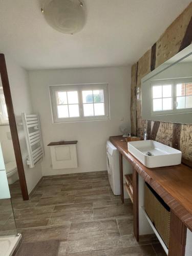 La salle de bains est pourvue d'un lavabo et d'un comptoir. dans l'établissement Gîte manoir Les Camps Greslins, à Questrecques