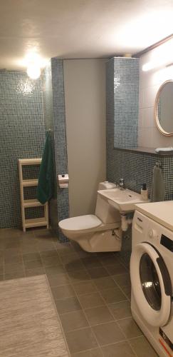 a bathroom with a toilet sink and a washing machine at Villa Vy in Rättvik