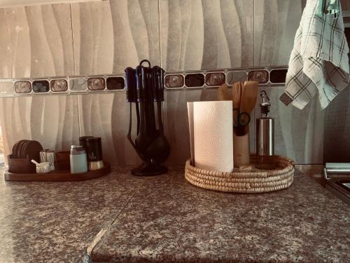 a counter with a bunch of kitchen utensils on it at Arches&Palms Residence in Arusha