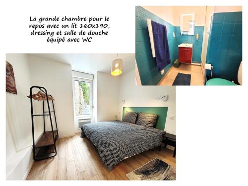 une chambre avec un lit et une pièce avec une échelle dans l'établissement Tout confort à St Brieuc, à Saint-Brieuc
