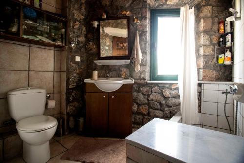 baño con aseo y lavabo y ventana en Stone house with panoramic view, en Tyros