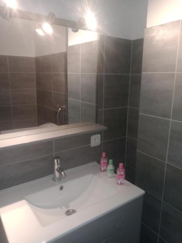 une salle de bain avec un lavabo et un miroir dans l'établissement jasmin, à Saint-Raphaël
