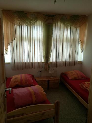 1 Schlafzimmer mit 2 Betten und einem Fenster mit Vorhängen in der Unterkunft 3-Zimmer im Herzen von Göttingen in Göttingen