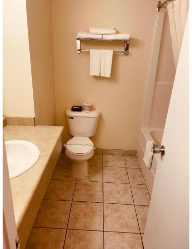 a bathroom with a toilet and a sink at Aurora Park Inn & Suites in Dawson Creek
