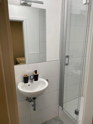 a bathroom with a sink and a shower at Glessener Braustube in Bergheim