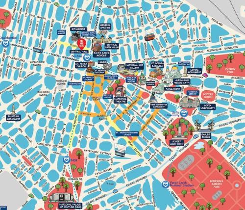 a map of a city with many attractions at Cozy 2-Bedroom Flat in the very Center of Sofia in Sofia