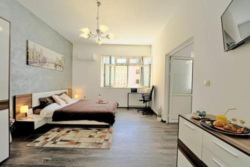 a bedroom with a bed and a desk in a room at Cozy 2-Bedroom Flat in the very Center of Sofia in Sofia