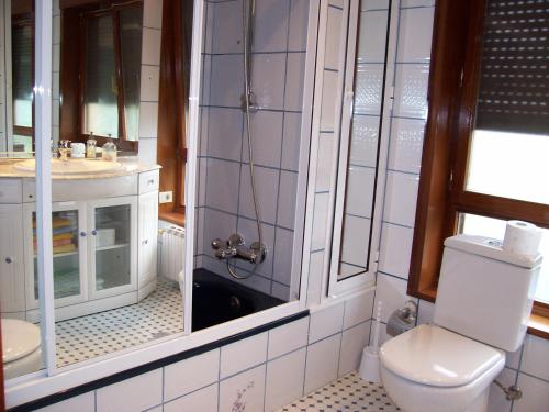 a bathroom with a toilet and a sink and a mirror at Pensión ** Abacá Gijón in Gijón