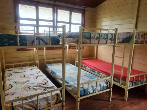 two bunk beds in a room with a window at Sitio Recanto dos Sonhos - Igarata in Igaratá