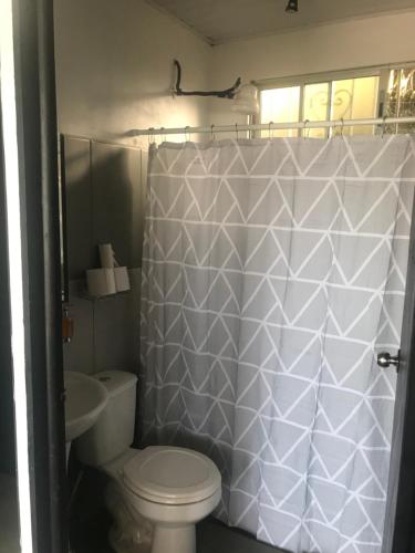 a bathroom with a toilet and a white shower curtain at El Poro Puriscal in San José