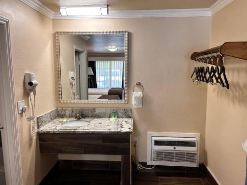 a bathroom with a sink and a mirror at Abby's Anaheimer Inn - Across Disneyland Park in Anaheim