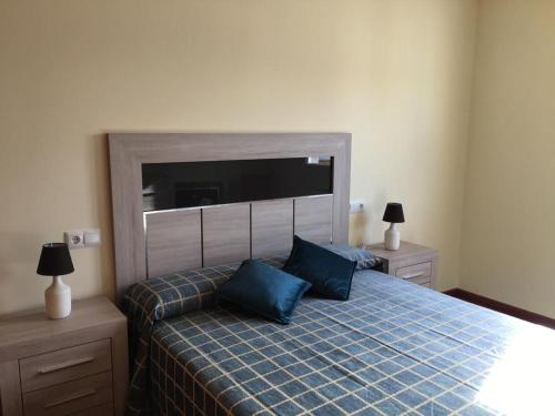 Un dormitorio con una cama con almohadas azules. en Lazaro Sol, en Viveiro