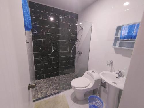 y baño con aseo, ducha y lavamanos. en Apartamento amueblado Res Blue Amber N1, en Santiago de los Caballeros