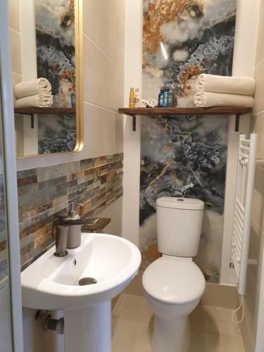 a bathroom with a toilet and a sink at Beautiful Double En-suite Room, separate entrance, Ilford, Central line Gants Hill, free parking in Ilford