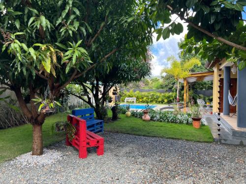 a red and blue bench sitting next to a tree at Villa Rosalía Jarabacoa con Piscina Climatizada in Jarabacoa