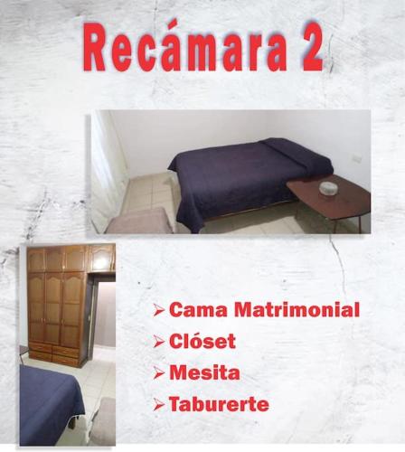 dwa zdjęcia sypialni z łóżkiem i stołem w obiekcie Casa Amplia, pleno centro de la Ciudad. w mieście Ciudad Obregón