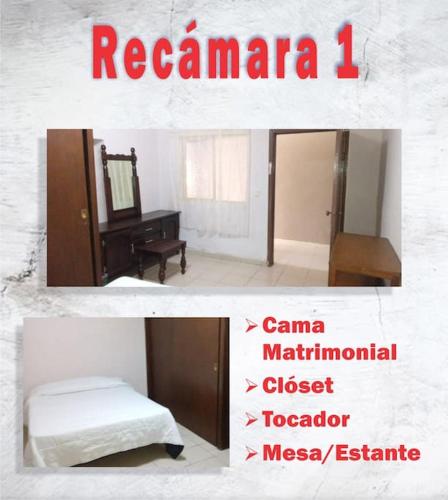 una imagen de una habitación con cama y espejo en Casa Amplia, pleno centro de la Ciudad. en Ciudad Obregón