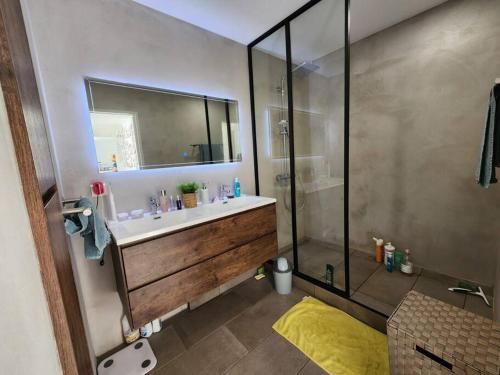 Magnifique appartement, vue mer في نومْيا: حمام مع حوض ودش