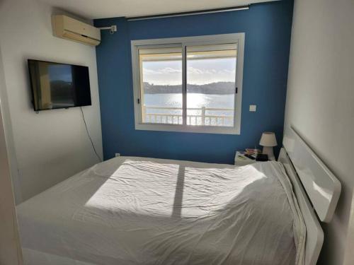 un letto in una camera blu con finestra di Magnifique appartement, vue mer a Noumea