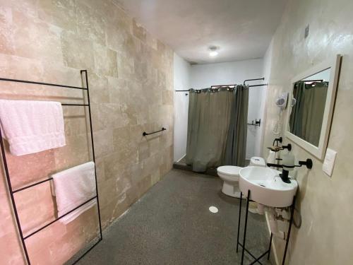 y baño con lavabo, aseo y ducha. en Casa Malva Sweet Stay en Guanajuato