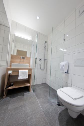 a bathroom with a toilet and a sink and a shower at Hotel Restaurant Meyer in Kalsdorf bei Graz