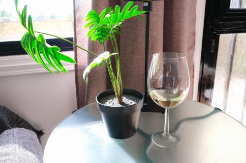 a table with a glass of wine and a plant at Jonty Villa, Mazotos in Larnaka