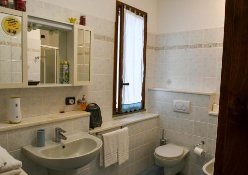 a bathroom with a sink and a toilet and a mirror at Gli Angeli Agriturismo in Cisano sul Neva