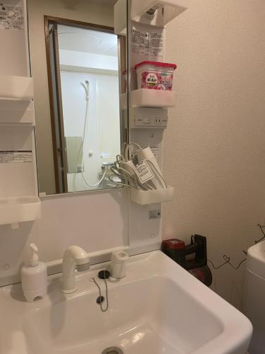 a bathroom with a sink and a mirror at 500mfrom Sta first internet cozy in Shin-kotoni