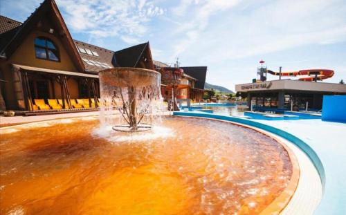 una fuente de agua en medio de una piscina en Romantická chalupa pod Vysokými Tatrami, en Liptovský Hrádok