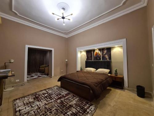 um quarto com uma cama e uma ventoinha de tecto em Especially villa with private entrance, garden and parking no Cairo