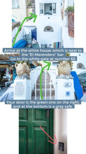 a collage of pictures of a white house with a green door at Capri magic house on the beach in Capri