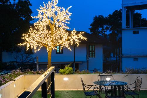 a table and chairs under a tree with lights at Clove Villa in Kandy