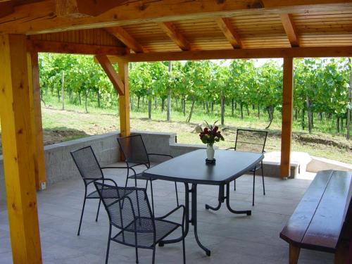 une table et des chaises sur une terrasse avec une table dans l'établissement Vinska klet Seršen, à Dobrovnik