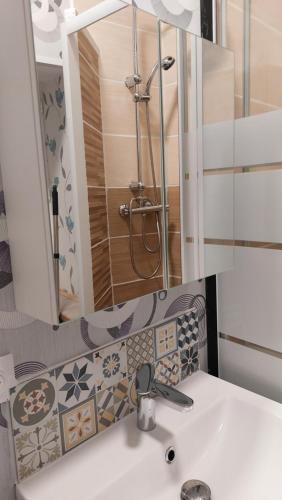 een badkamer met een wastafel en een douche met een spiegel bij Villa de la dore in Le Mont-Dore