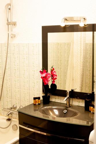 La salle de bains est pourvue d'un lavabo avec miroir et de fleurs roses. dans l'établissement Licorne G14, à Cannes
