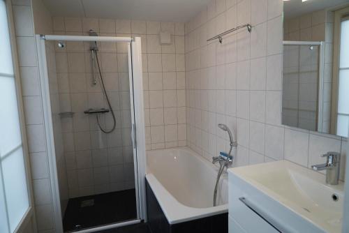 a bathroom with a shower and a tub and a sink at EuroParcs Beekbergen in Beekbergen
