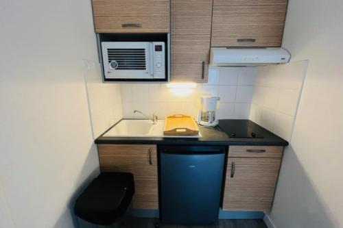 une petite cuisine avec un évier et un micro-ondes dans l'établissement Spacious and very central apartment with garden, à Vannes