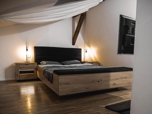 um quarto com uma cama e uma televisão de ecrã plano em Dwupoziomowy Apartament Królowej Jadwigi 3 em Bydgoszcz