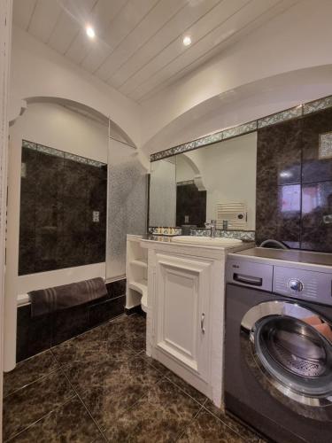 een badkamer met een wasmachine en een wastafel bij Appartement dans ancien moulin à huile rénové in Grasse