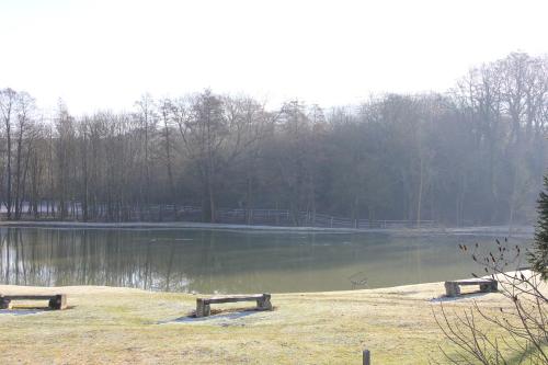 two benches sitting in front of a lake at Domaine du Moulin de l'Etang in Châtillon-sur-Marne