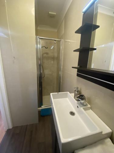 a white bathroom with a sink and a shower at Astral Lodge in Hastings