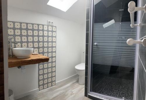 a bathroom with a shower with a sink and a toilet at Gite "le poirier" 