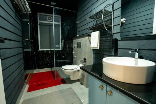 y baño con lavabo, aseo y ducha. en The Ridge House New Tehri en Chamba