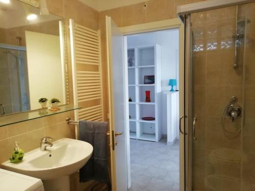 a bathroom with a shower and a sink and a shower at Panoramico, in villa, grande, con ampie terrazze in Caulonia Marina